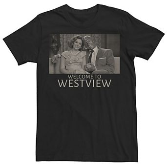 Men's Marvel WandaVision Wanda & Vision Welcome To Westview Photo Greyscale Tee