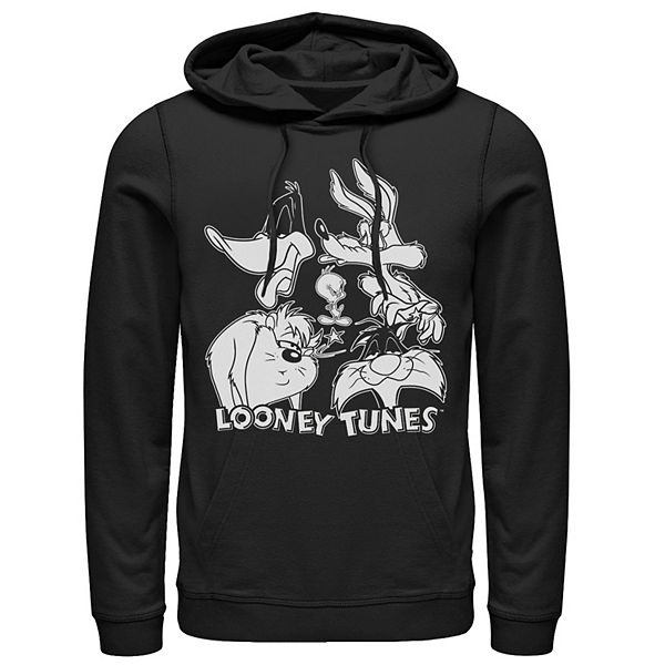 Men's Looney Tunes Characters Faces Black And White Hoodie