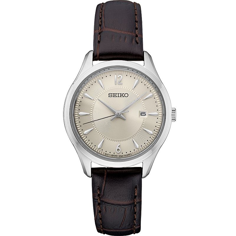 Seiko Women's Essentials Cream Dial Brown Leather Strap Watch - SUR427, Size: Small