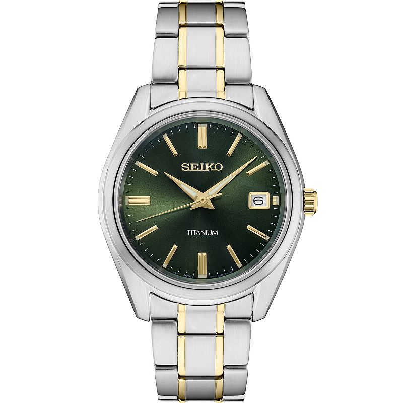 Seiko Men's Essential Two-Tone Titanium Green Dial Watch - SUR377, Size: Large, Gold Silver