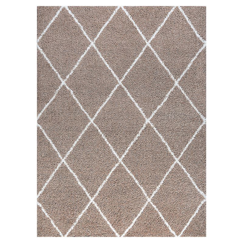 KHL Rugs Mira Contemporary Diamond Shag Area Rug, Beig/Green, 8Ft Rnd