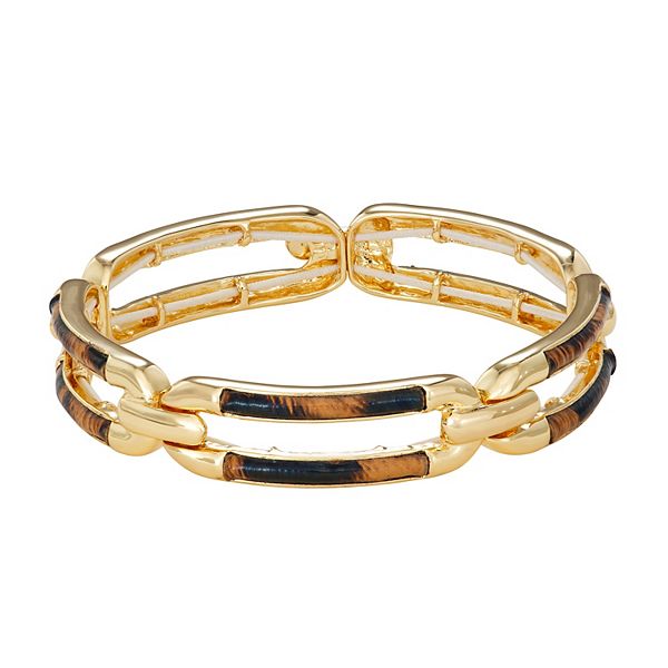 Nine West Gold Tone & Cheetah Chain Link Stretch Bracelet