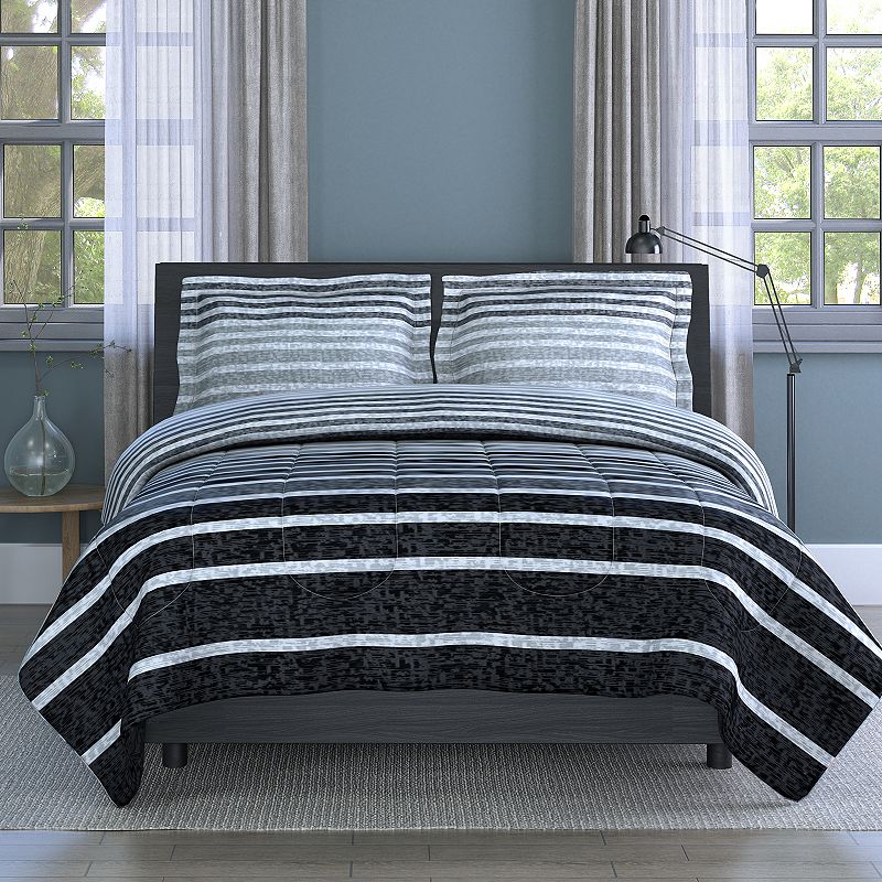 Inspired Surroundings Harper Stripe 3-Piece Comforter Set with Shams, Grey,