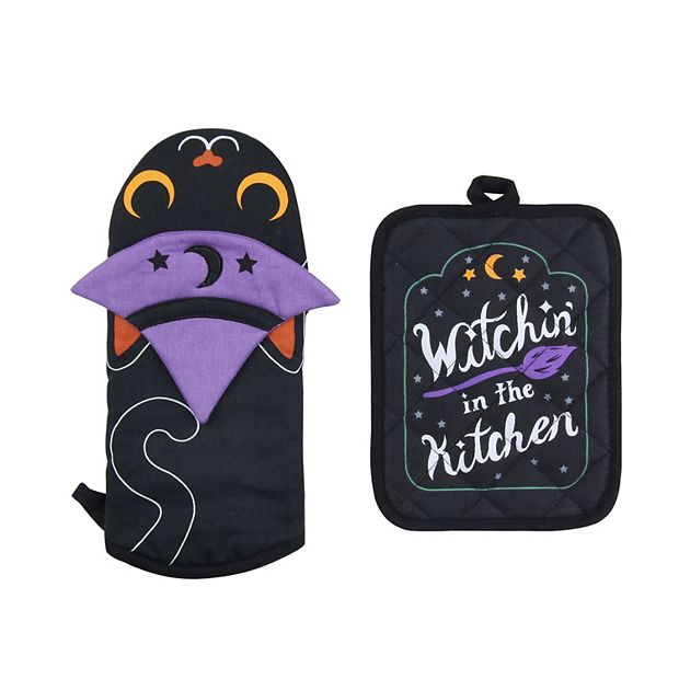 Witchy Witch Goth Black cat Mushroom Oven Mitts and Pot Holders