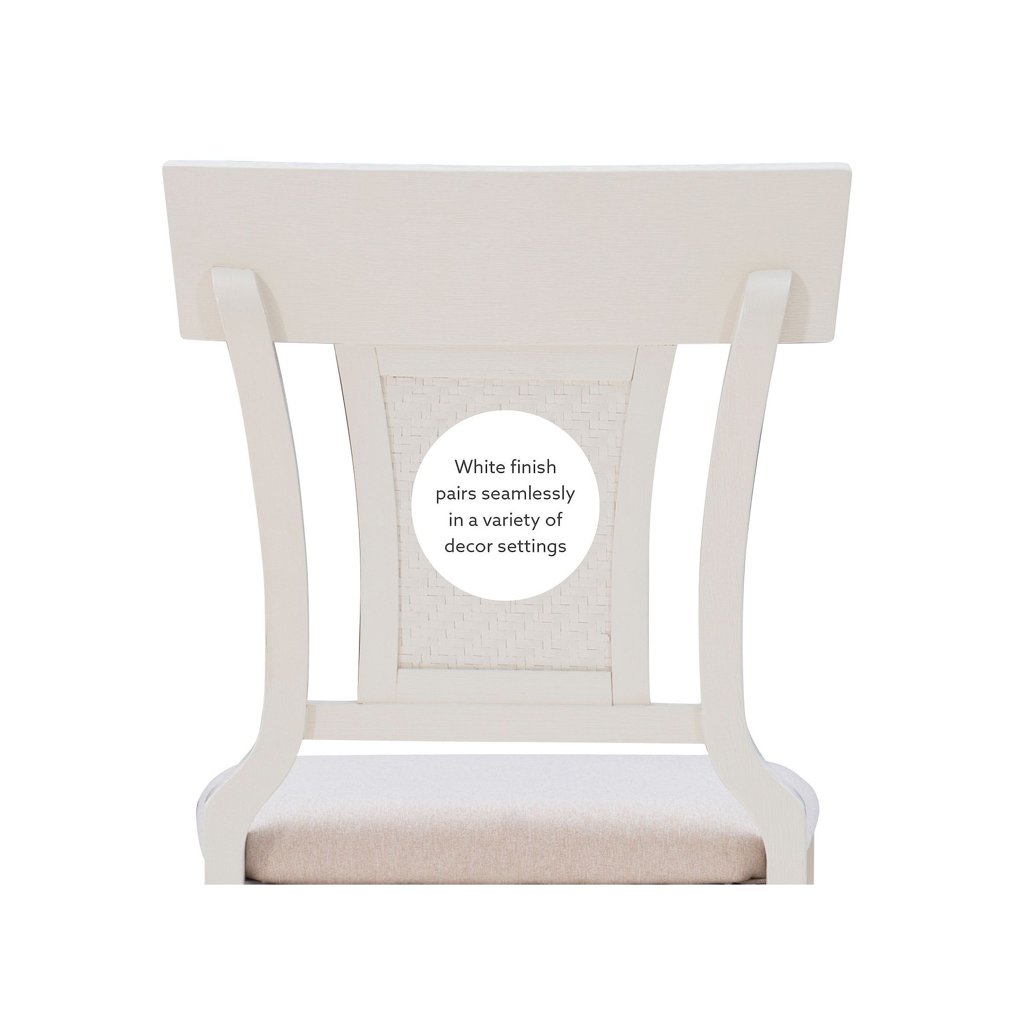 Close-up of the white finish and woven back detail of the bar stool.
