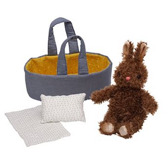 Manhattan Toy Moppettes Beau Bunny Stuffed Animal with Fabric Bassinet, Blanket & Pillow
