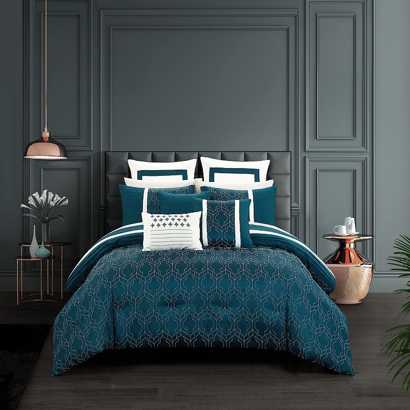 Chic Home Arlow 8-Piece Comforter Set with Shams, Turquoise/Blue, Queen