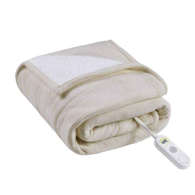 Serta Fleece to Sherpa Electric Heated Throw Blanket, Beig/Green