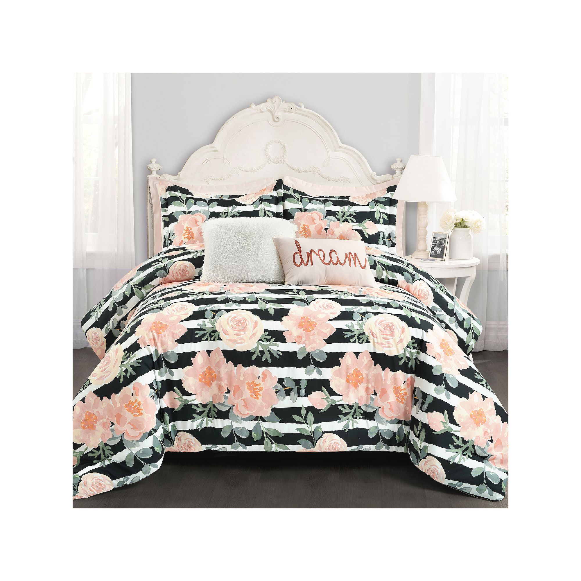 Lush Decor Amara Watercolor Rose Comforter Set with Shams, Black Dusty Rose