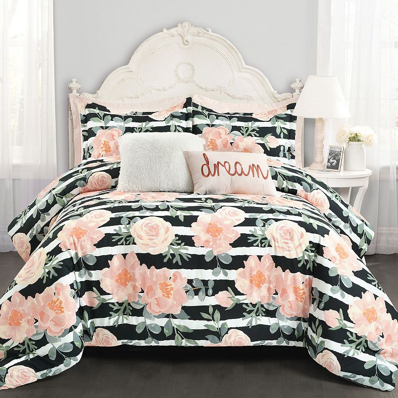 Lush Decor Amara Watercolor Rose Comforter Set with Shams, Black, King