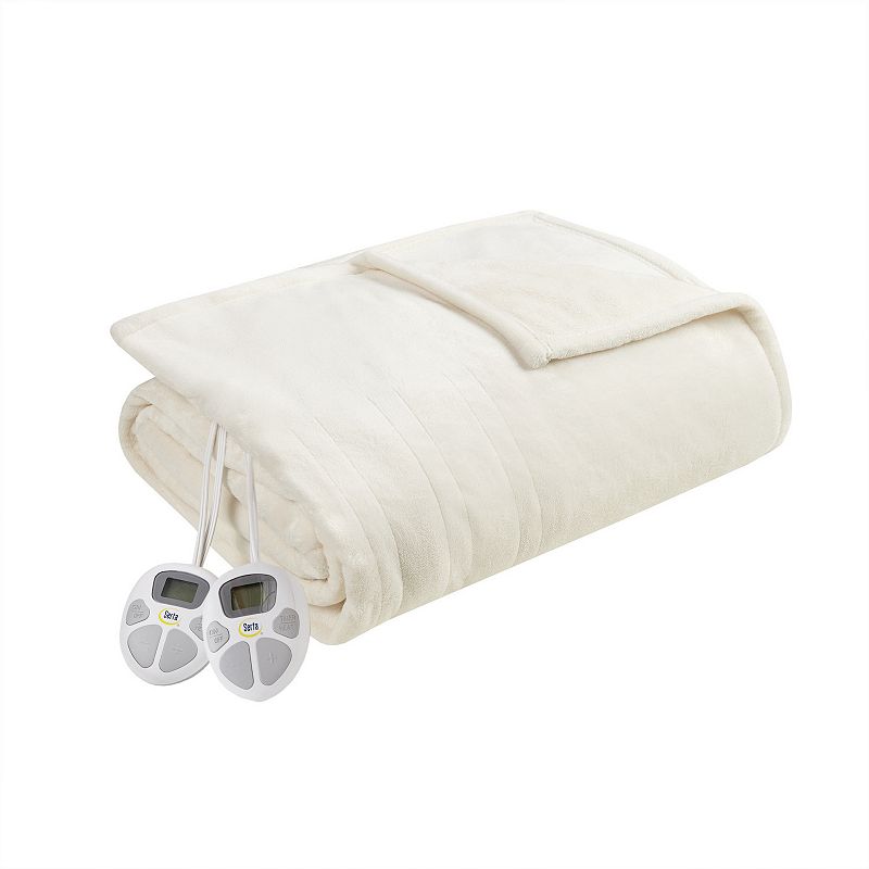 Serta Plush Heated Electric Blanket, White, Full
