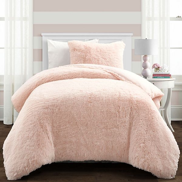 Lush Decor Emma Faux Fur Comforter Set with Shams - Blush (TWIN XL)