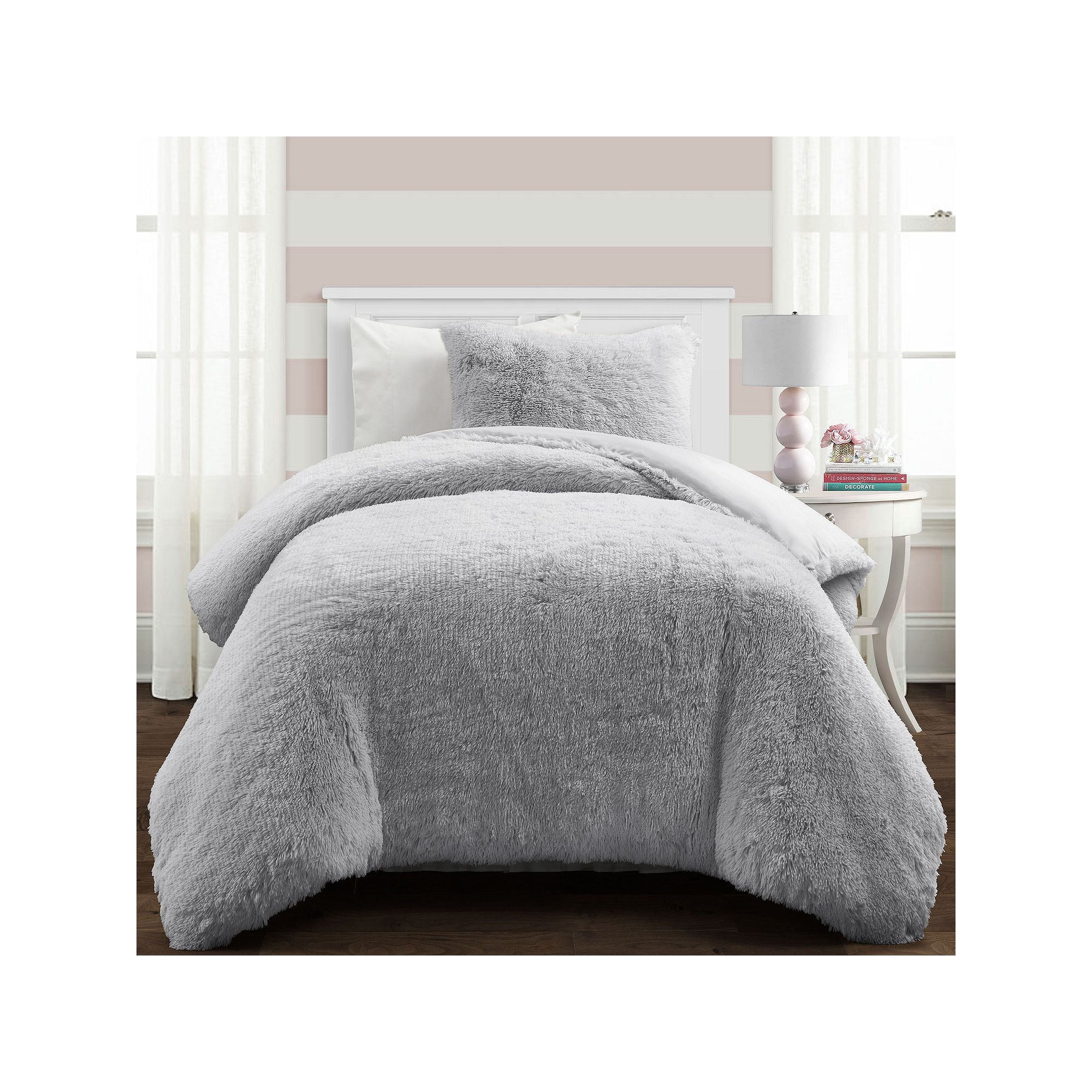 Lush Decor Emma Faux Fur Comforter Set with Shams, Light Gray