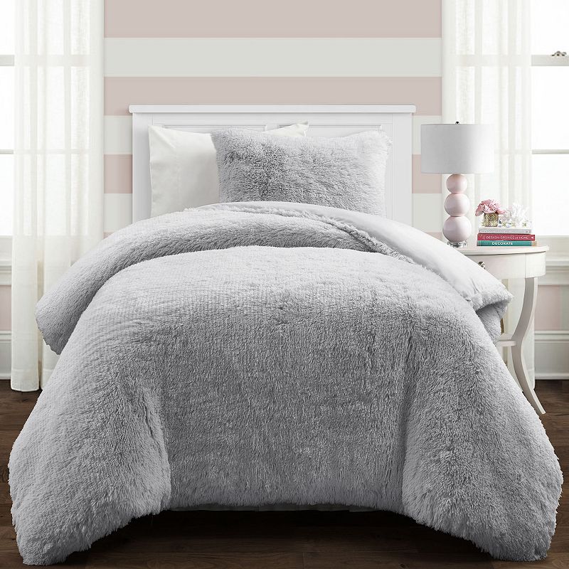 Lush Decor Emma Faux Fur Comforter Set with Shams, Grey, Full/Queen