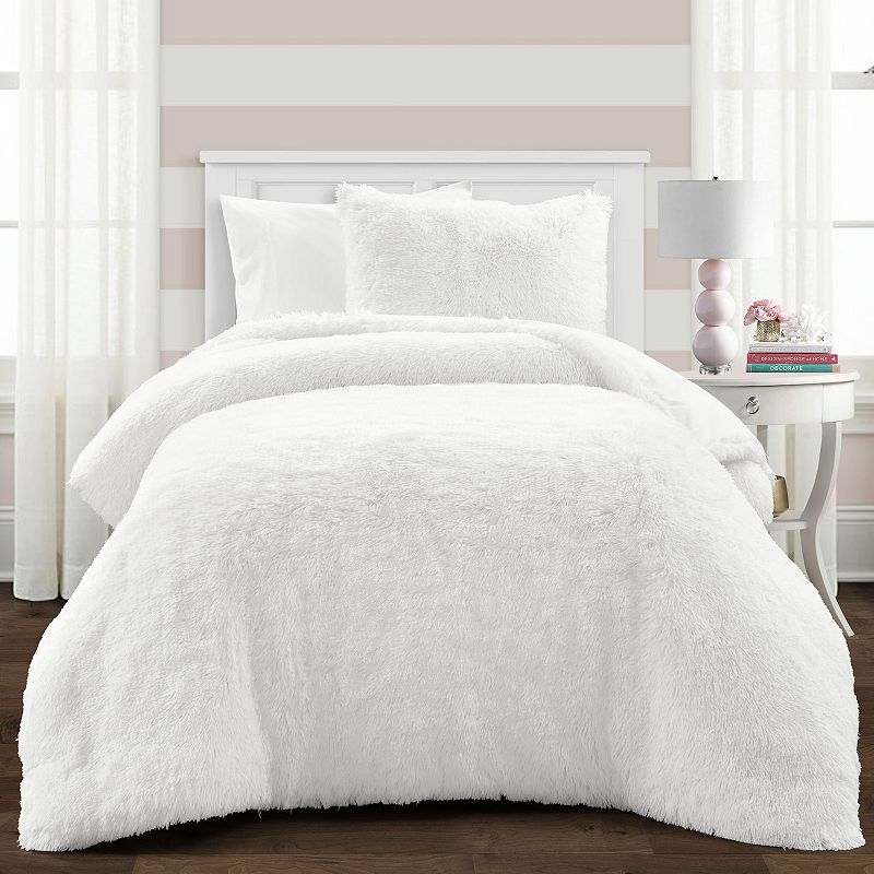 Lush Decor Emma Faux Fur Comforter Set with Shams, White, Full/Queen