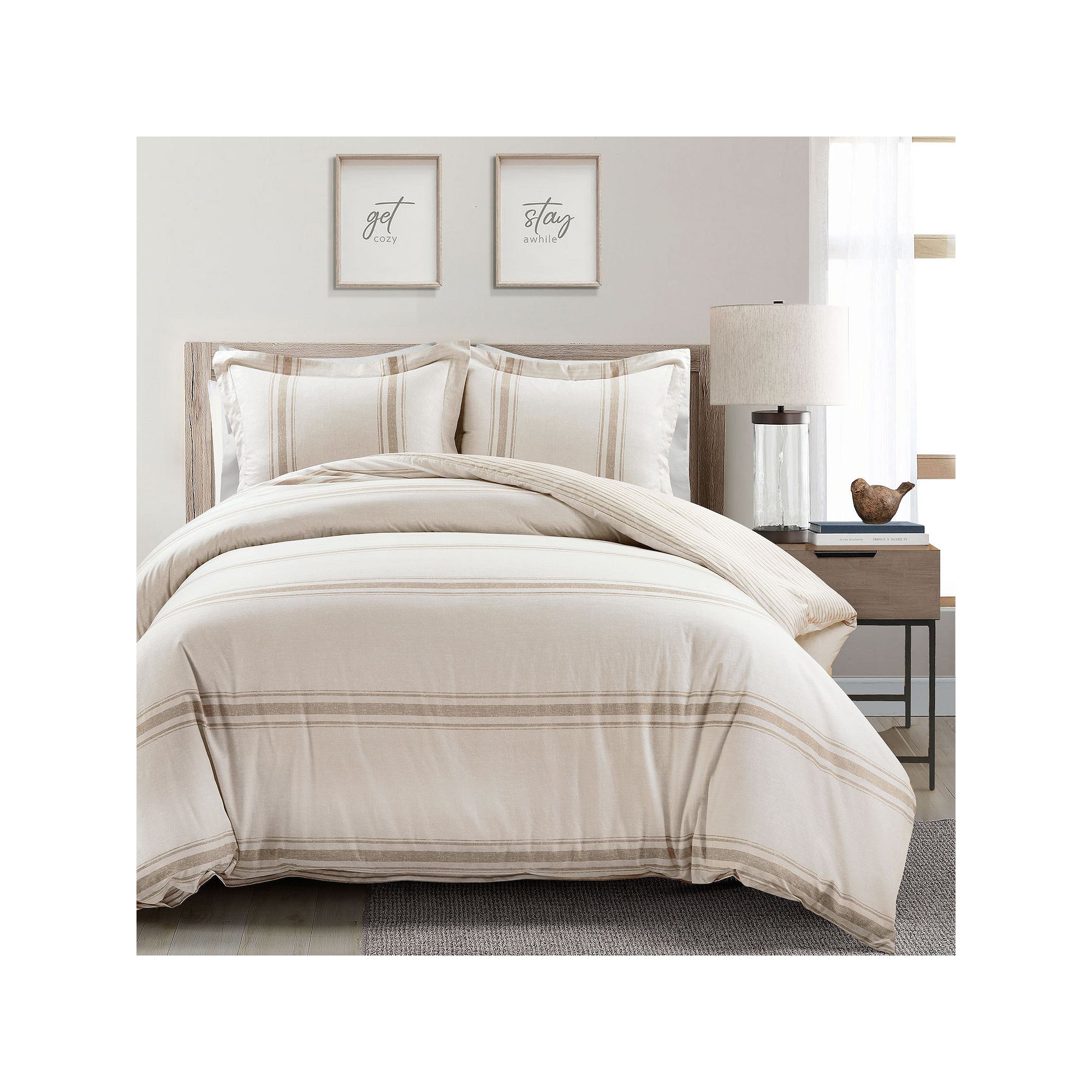 Lush Decor Farmhouse Stripe Cotton Duvet Cover Set with Shams, Beige Stripe