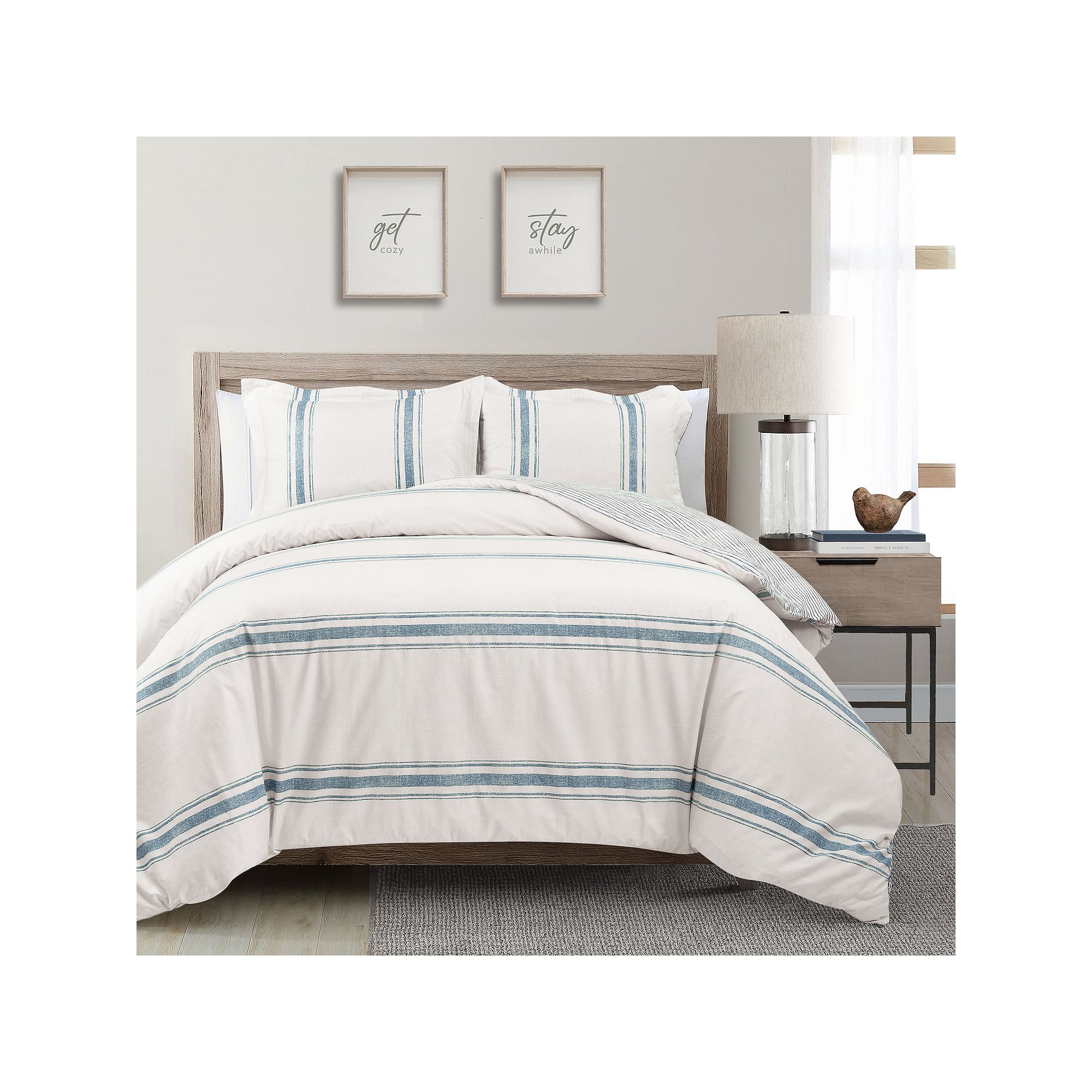 Lush Decor Farmhouse Stripe Cotton Duvet Cover Set with Shams, Blue Stripe