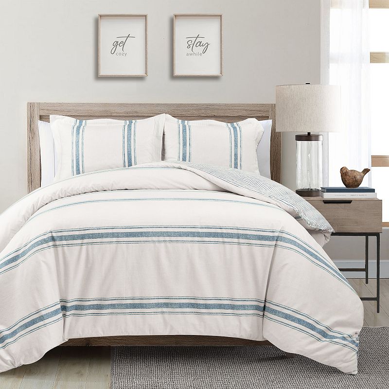 Lush Decor Farmhouse Stripe Cotton Duvet Cover Set with Shams, Blue, King