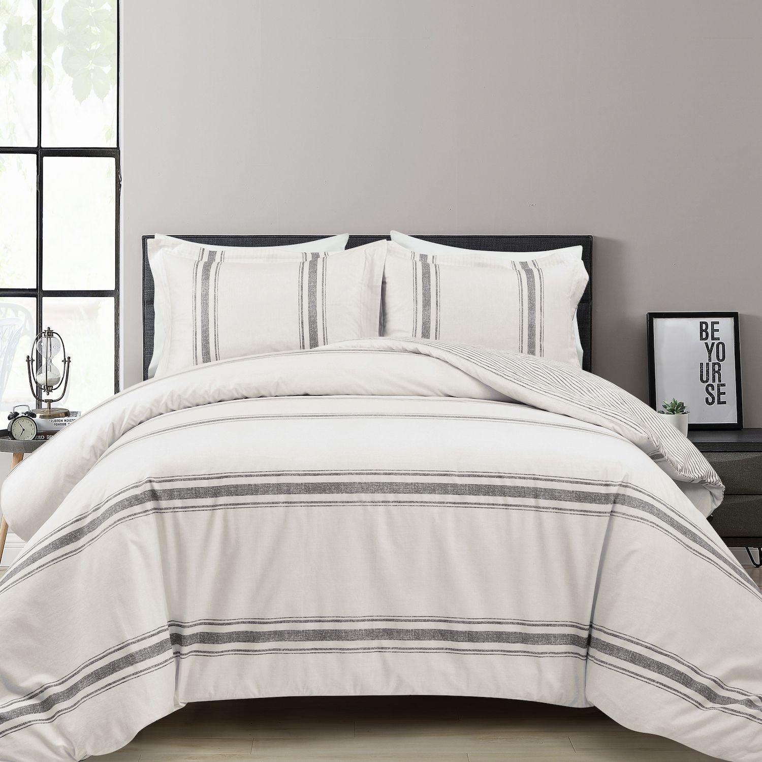 Lush Decor Farmhouse Stripe Cotton Duvet Cover Set With Shams   5003846 Gray Stripe