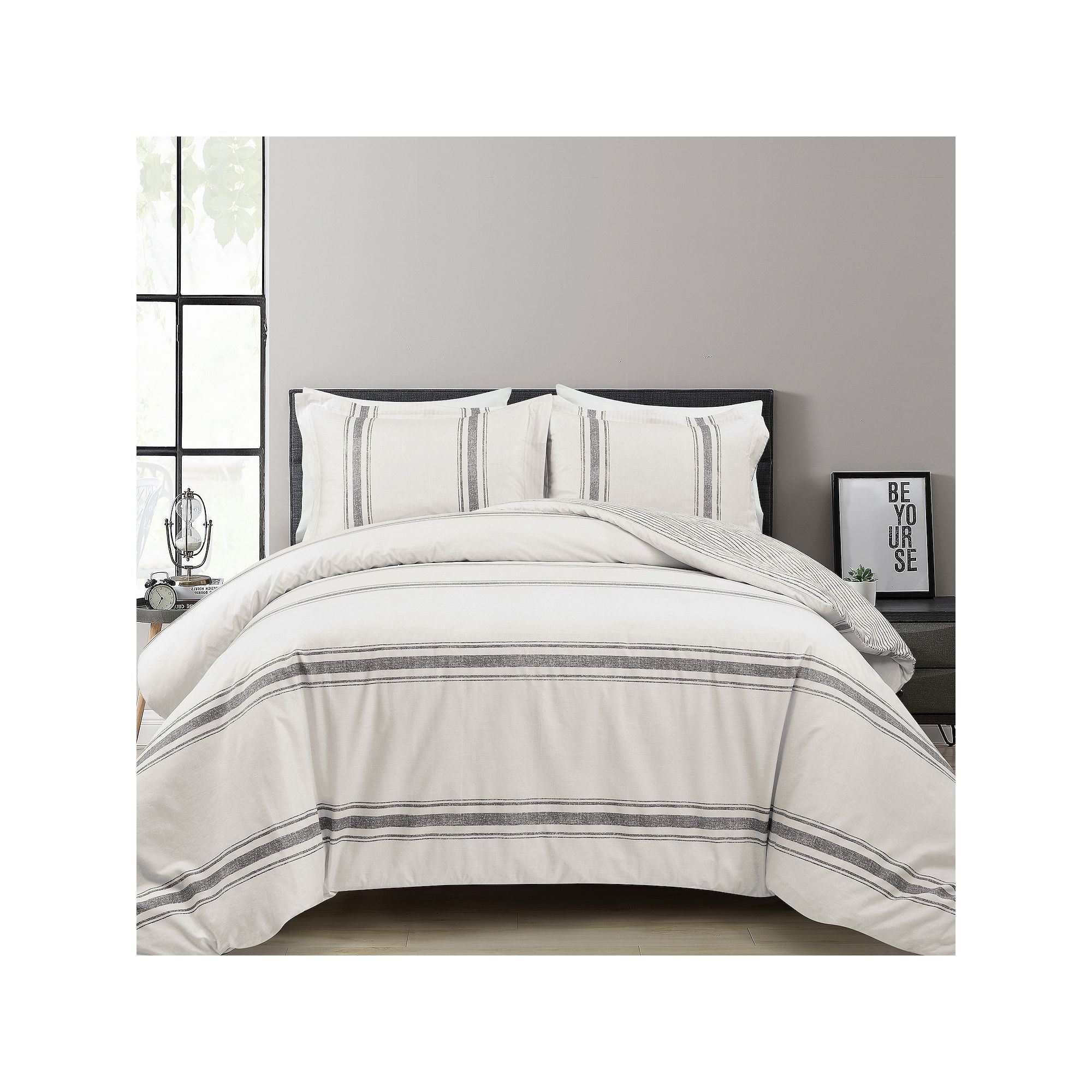 Lush Decor Farmhouse Stripe Cotton Duvet Cover Set with Shams, Gray Stripe
