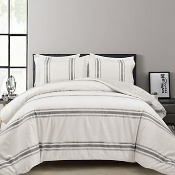 Lush Decor Farmhouse Stripe Cotton Duvet Cover Set with Shams
