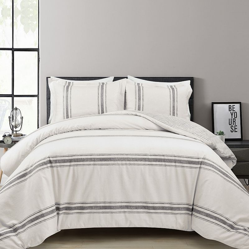 Lush Decor Farmhouse Stripe Cotton Duvet Cover Set with Shams, Grey, King