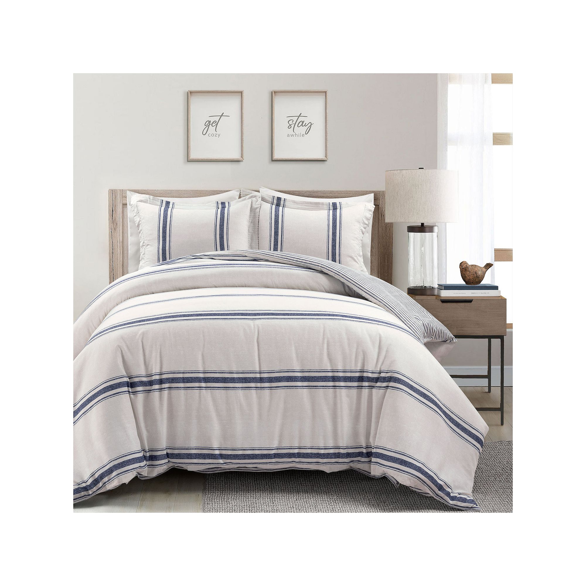 Lush Decor Farmhouse Stripe Cotton Duvet Cover Set with Shams, Blue Stripe