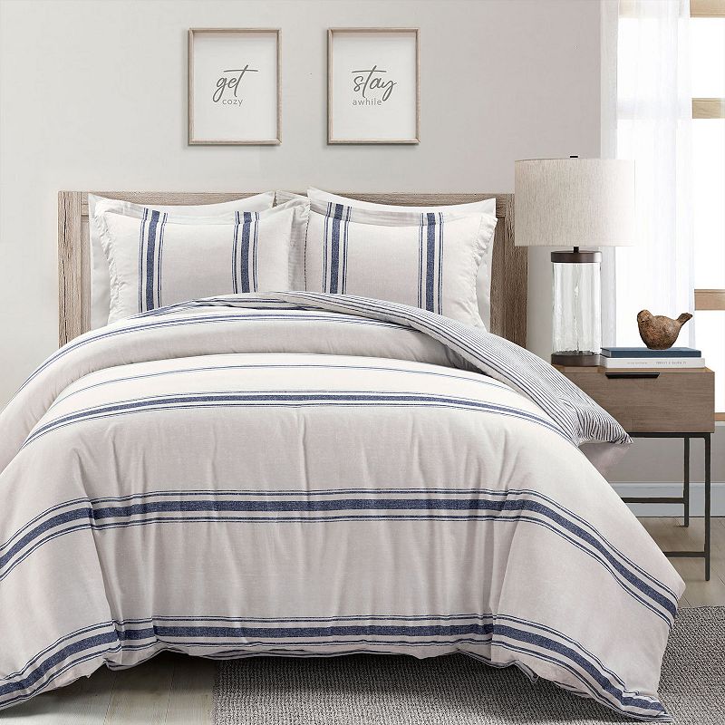 Lush Decor Farmhouse Stripe Cotton Duvet Cover Set with Shams, Blue, Full/Q