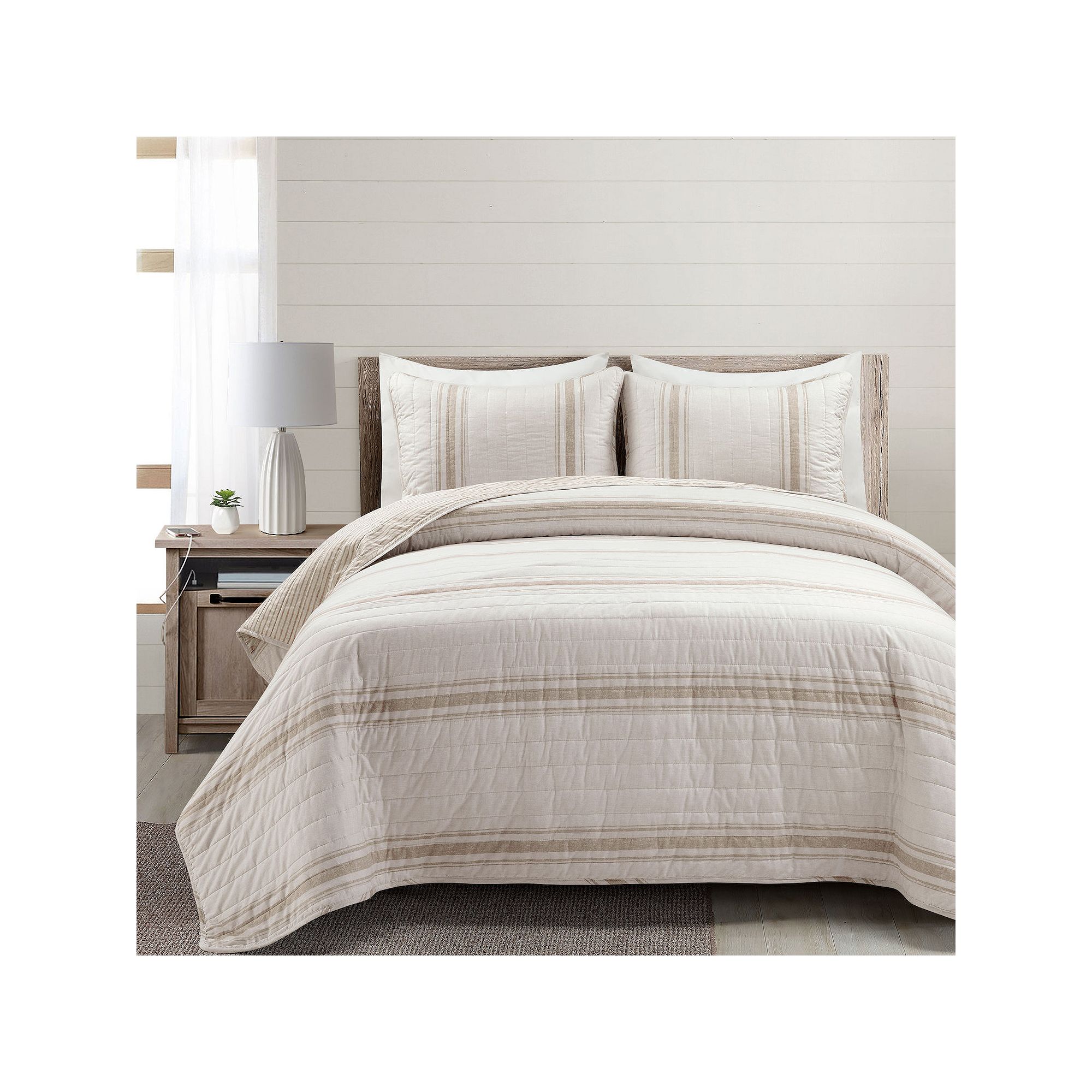 Lush Decor Farmhouse Stripe Cotton Duvet Cover Set with Shams, White Stripe