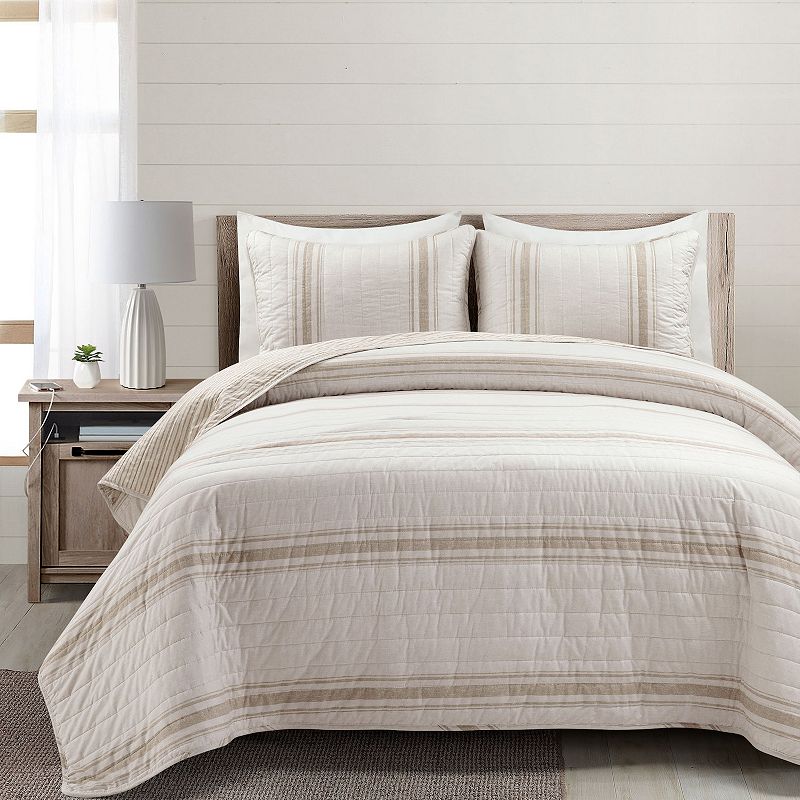 Lush Decor Farmhouse Stripe Cotton Duvet Cover Set with Shams, White, Full/