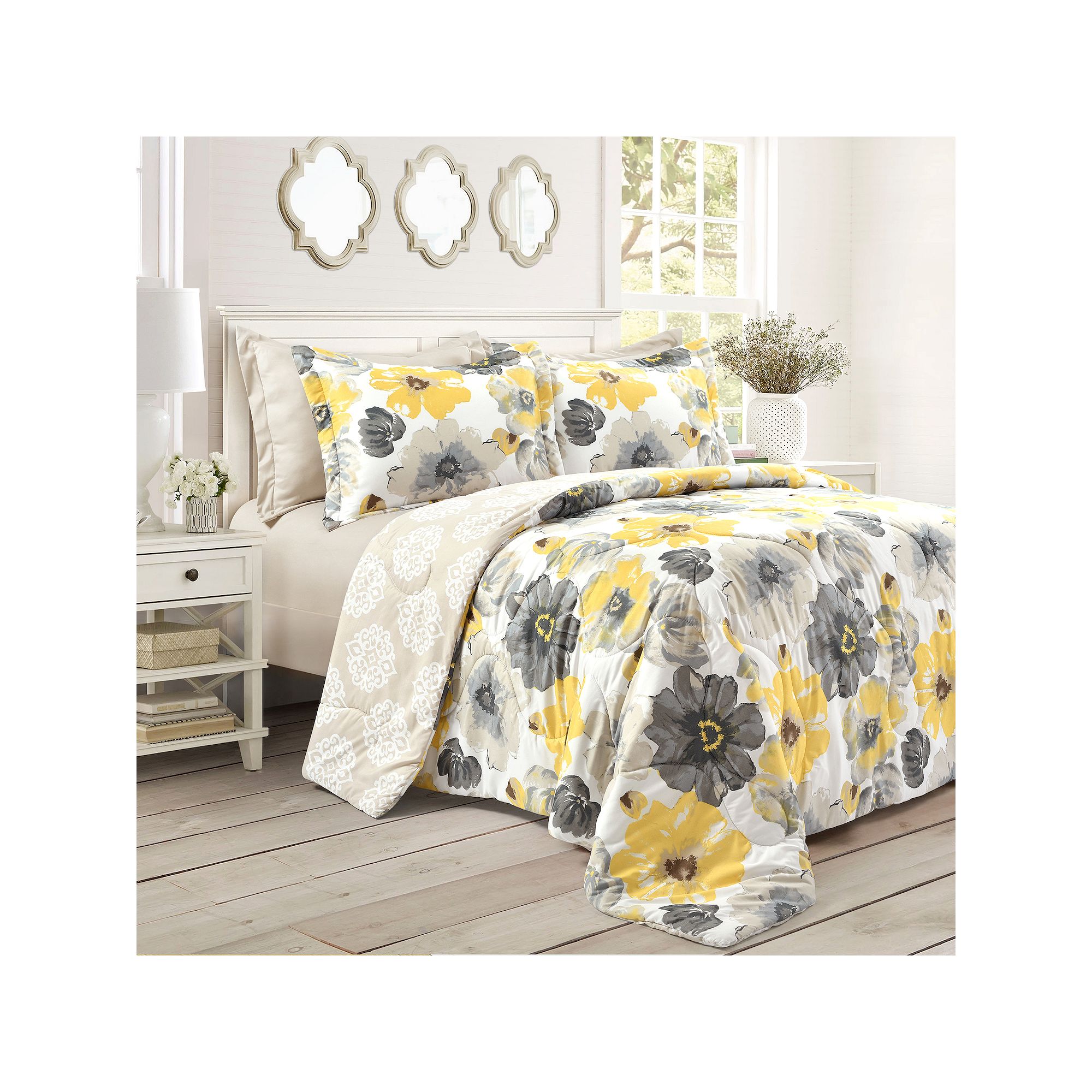 Lush Decor Leah Comforter Set with Shams, Yellow Gray