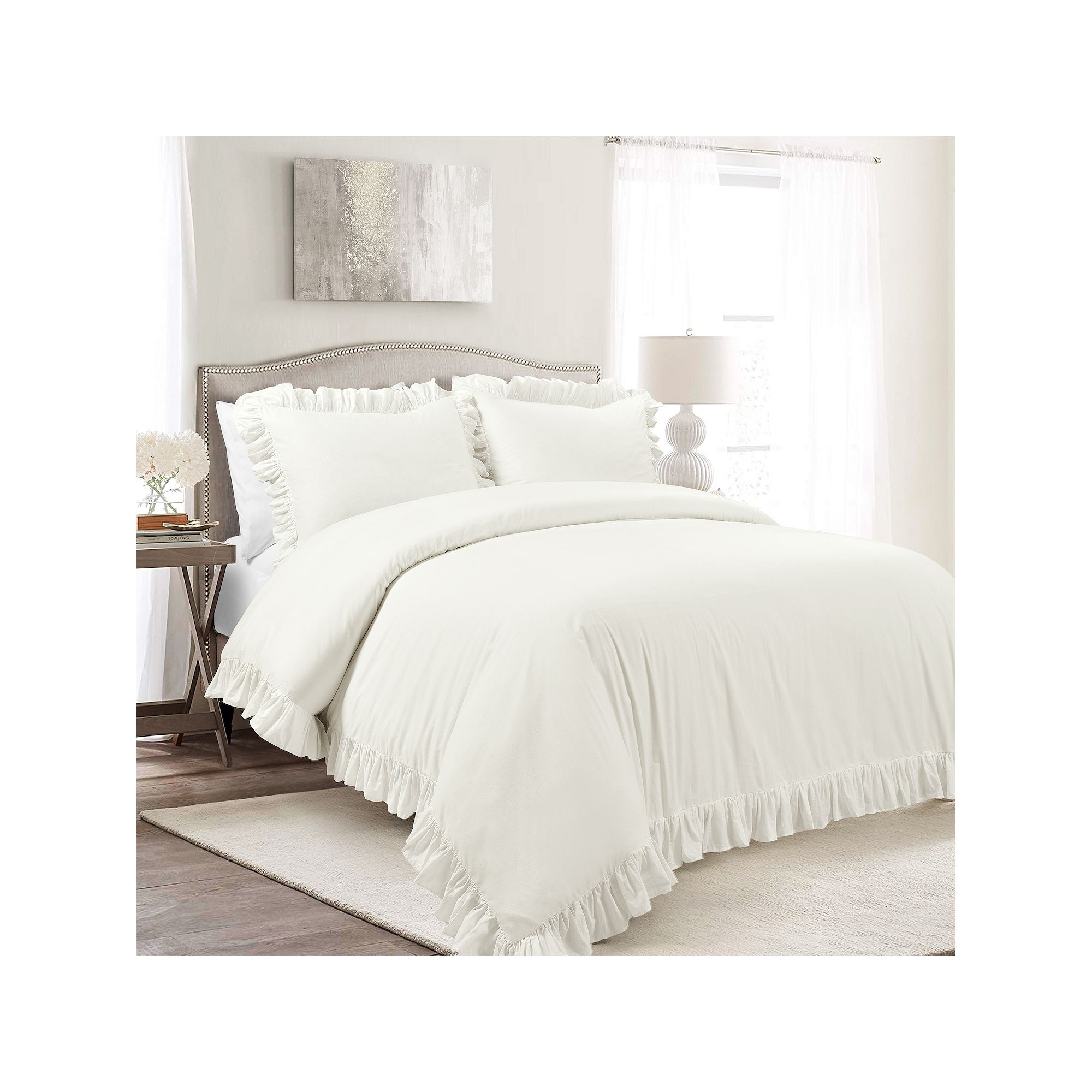 Lush Decor Reyna Cotton Duvet Cover Set with Shams, White