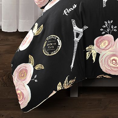 Lush Decor Vintage Paris Rose Butterfly Script Comforter Set with Shams