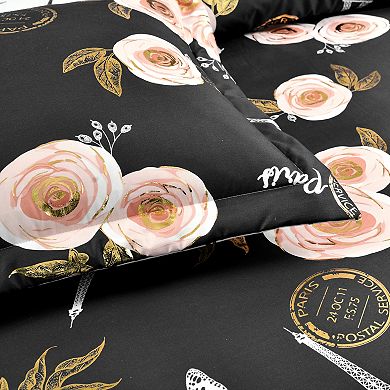 Lush Decor Vintage Paris Rose Butterfly Script Comforter Set with Shams