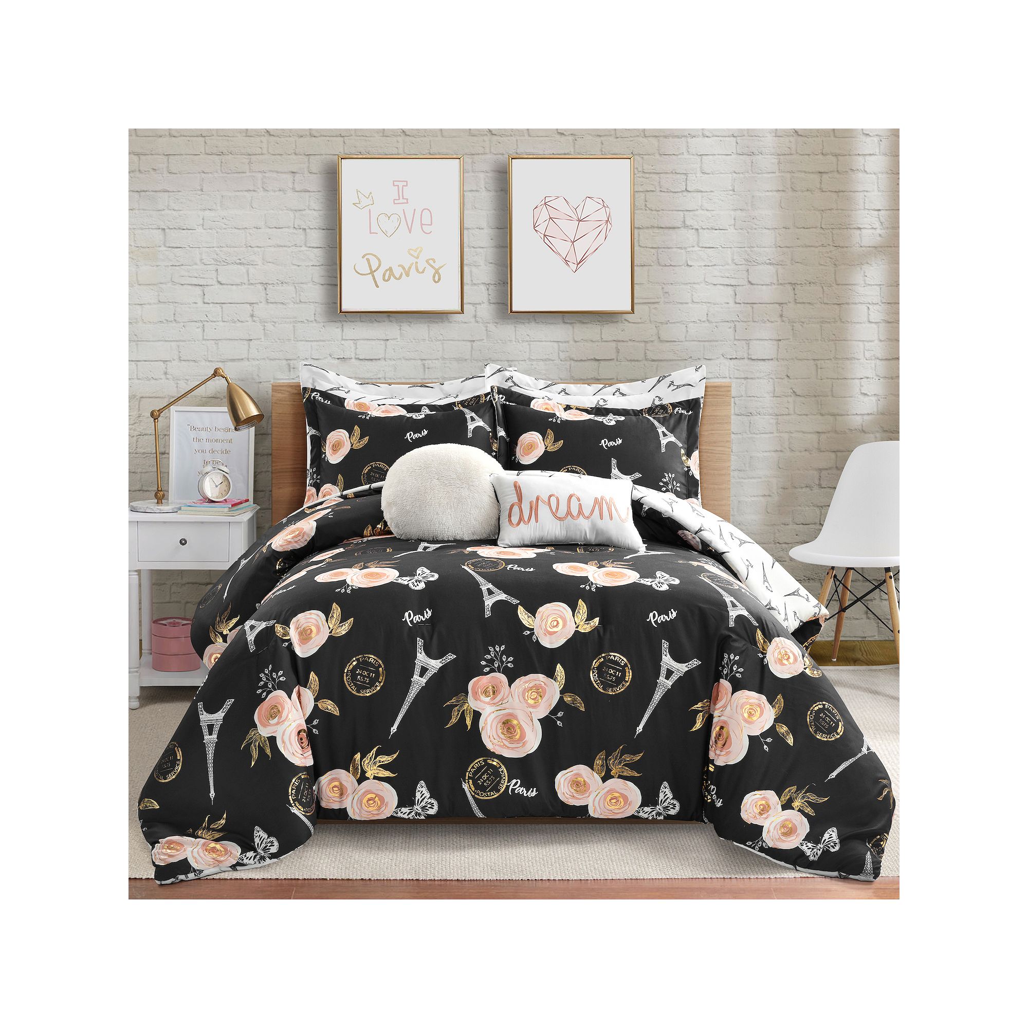 Lush Decor Vintage Paris Rose Butterfly Script Comforter Set with Shams, Bl