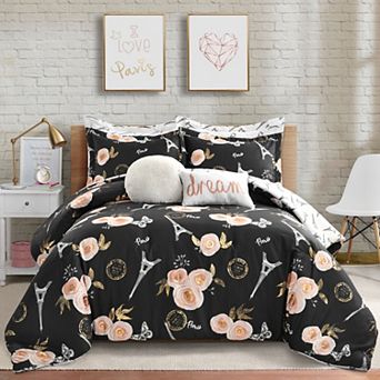 Lush Decor Vintage Paris Rose Butterfly Script Comforter Set with Shams