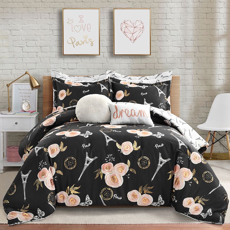 Lush Decor Vintage Paris Rose Butterfly Script Comforter Set with Shams, Bl