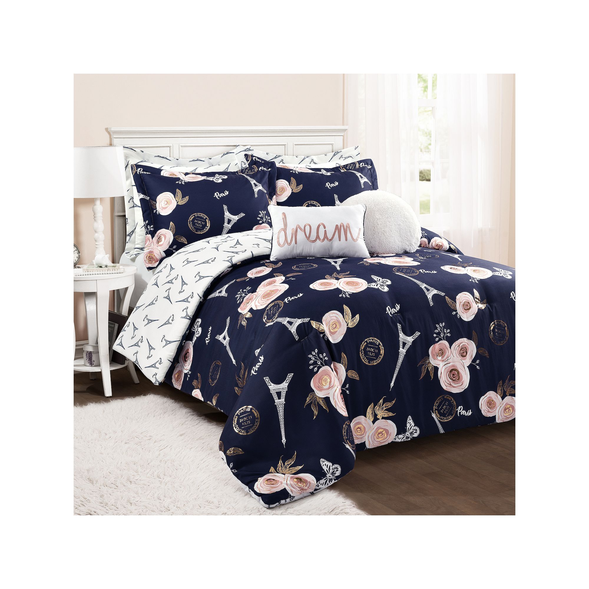 Lush Decor Vintage Paris Rose Butterfly Script Comforter Set with Shams, Bl