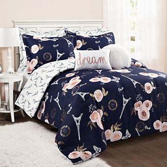 Lush Decor Vintage Paris Rose Butterfly Script Comforter Set with Shams