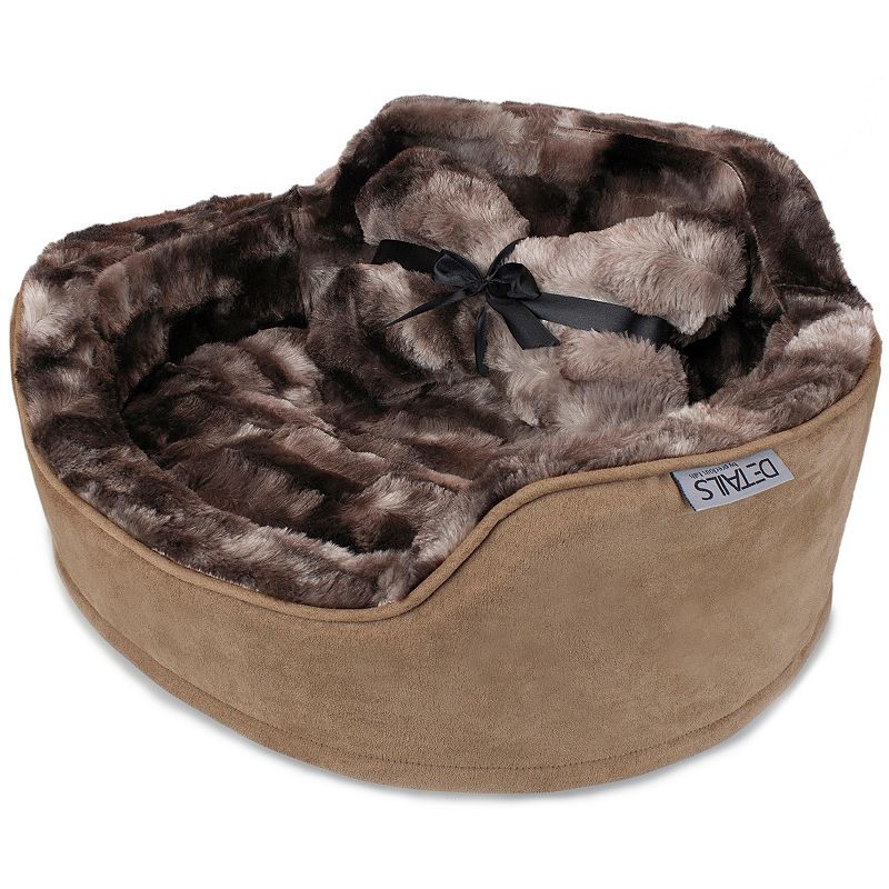 Precious Tails Faux Fur Pet Bed with Plush Bone Pillow, Brown