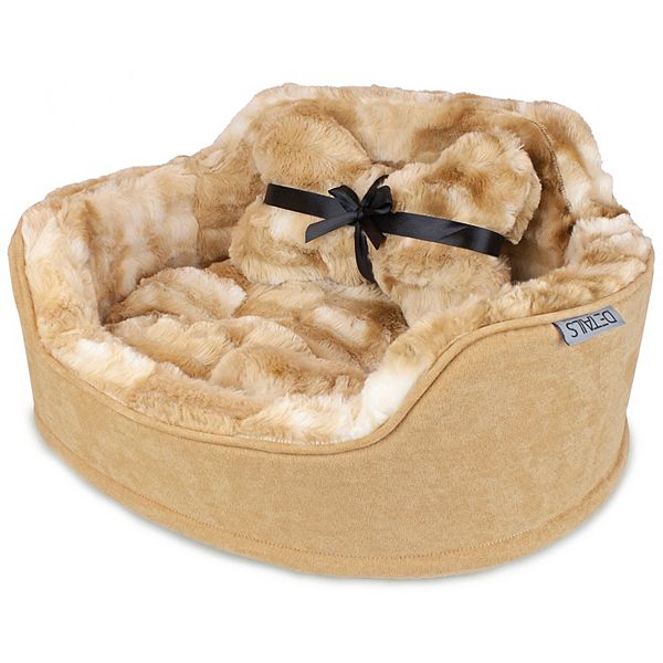 Precious Tails Faux Fur Pet Bed with Plush Bone Pillow - Camel