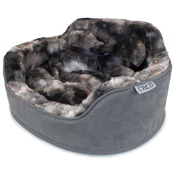 Precious Tails Faux Fur Pet Bed with Plush Bone Pillow - Gray