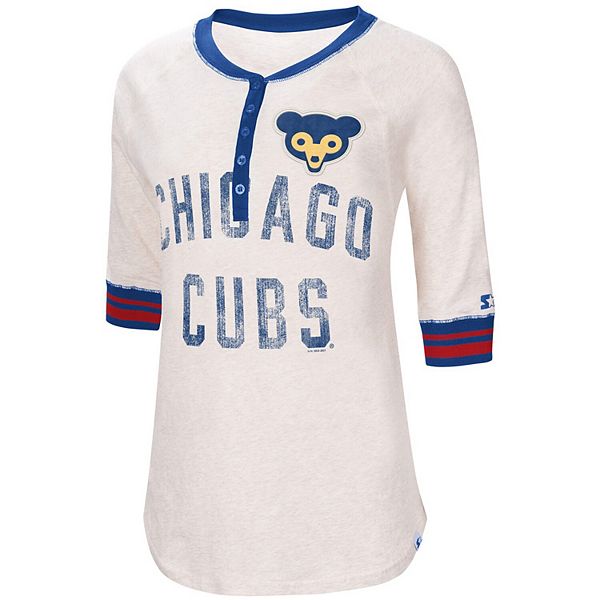 Women's Starter Oatmeal Chicago Cubs First Choice Historic Logo Raglan  Henley Half Sleeve T-Shirt