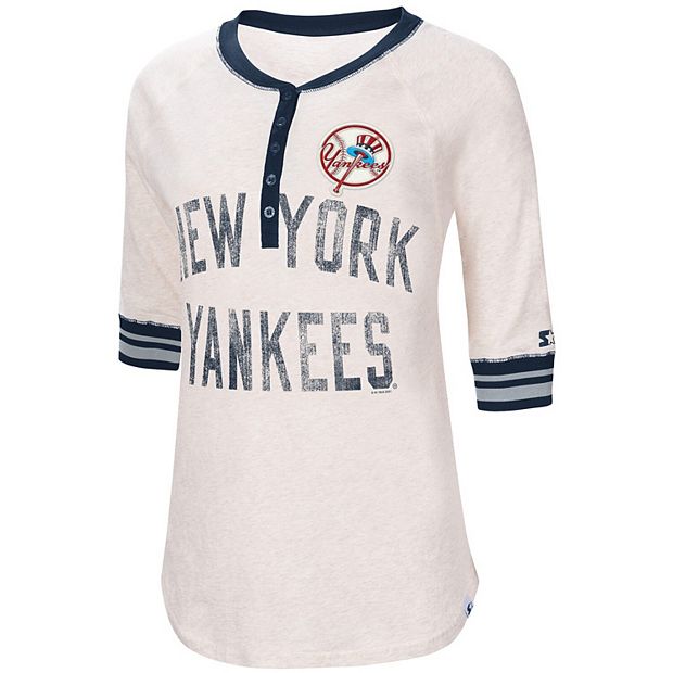 Women's Starter Oatmeal New York Yankees First Choice Historic Logo Raglan  Henley Half-Sleeve T-Shirt