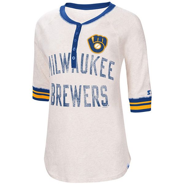 Women's Starter Oatmeal Milwaukee Brewers First Choice Historic Logo Raglan  Henley Half Sleeve T-Shirt