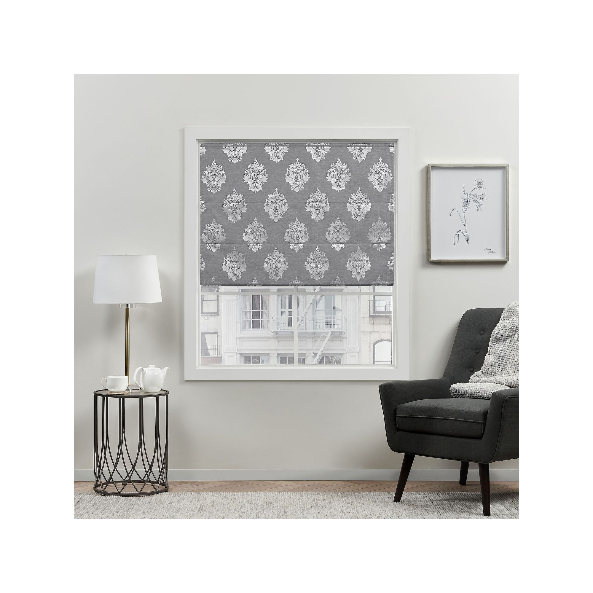 Exclusive Home Curtains Marseilles Damask Blackout Roman Shade, Gray