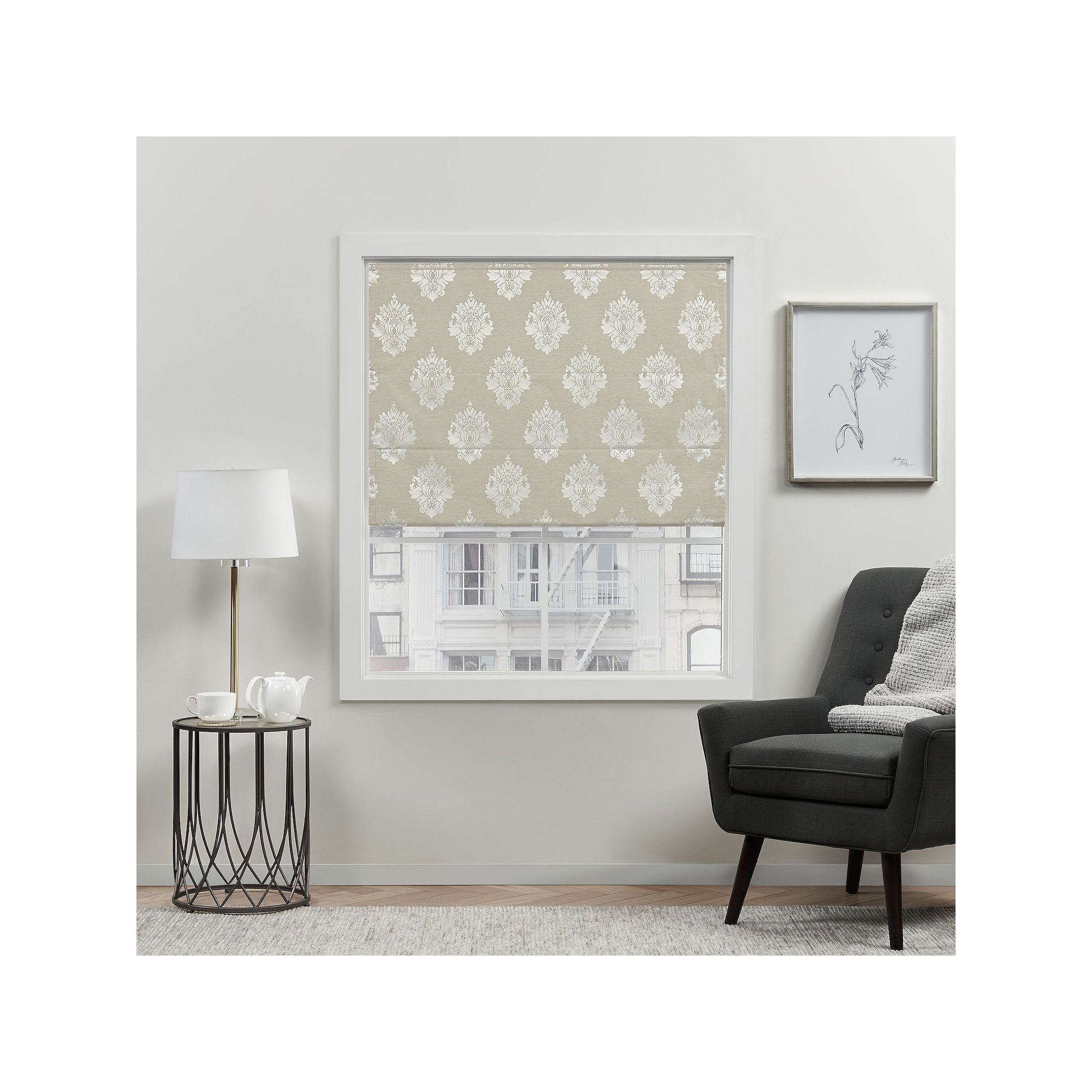 Exclusive Home Curtains Marseilles Damask Blackout Roman Shade, Natural