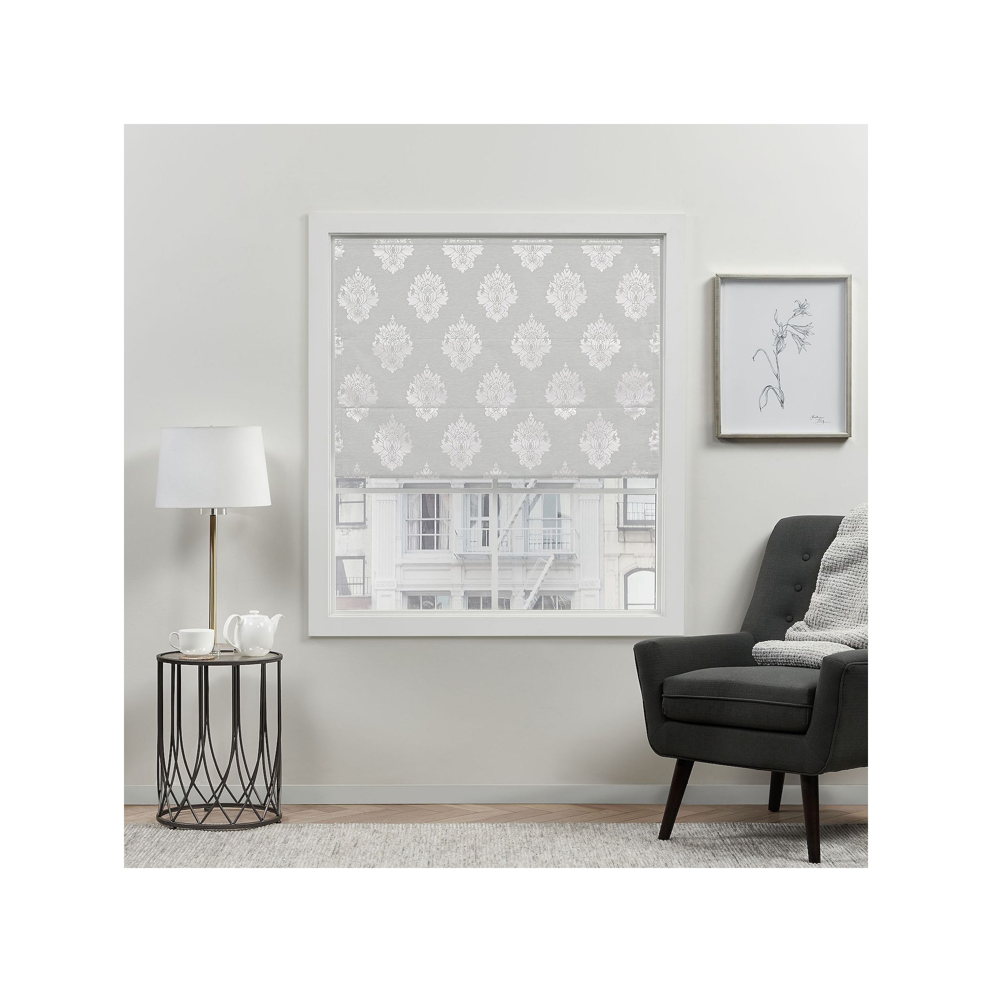 Exclusive Home Curtains Marseilles Damask Blackout Roman Shade, Silver
