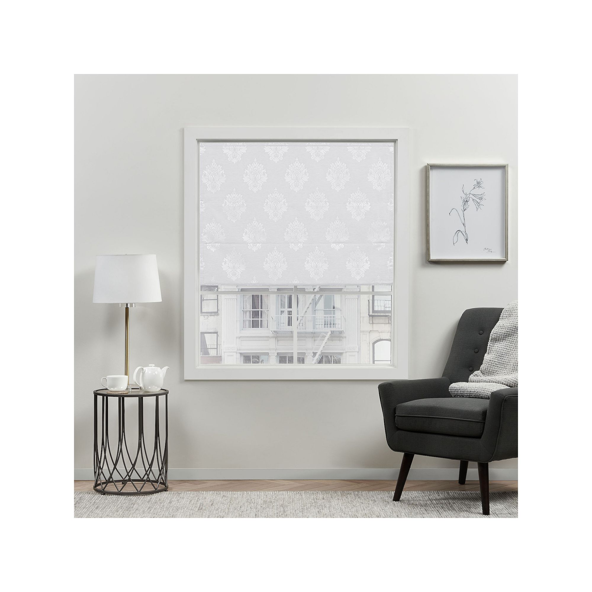 Exclusive Home Curtains Marseilles Damask Blackout Roman Shade, White