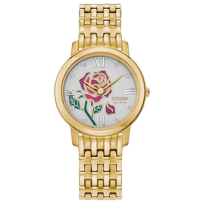 Disney's Beauty & the Beast Belle Women's Gold Tone Stainless Steel Watch by Drive from Citizen Eco-Drive, Size: Small